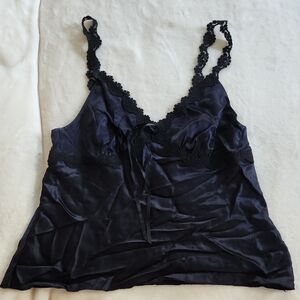 Sleek Midnight Blue 100% Silk Lace Chemise Size M